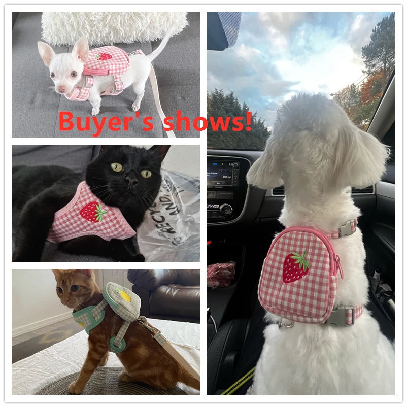 Conjunto adorável de coleira e guia xadrez com estampa de frutas para animais de estimação – Colete ajustável + Guia + Mini Bolsa