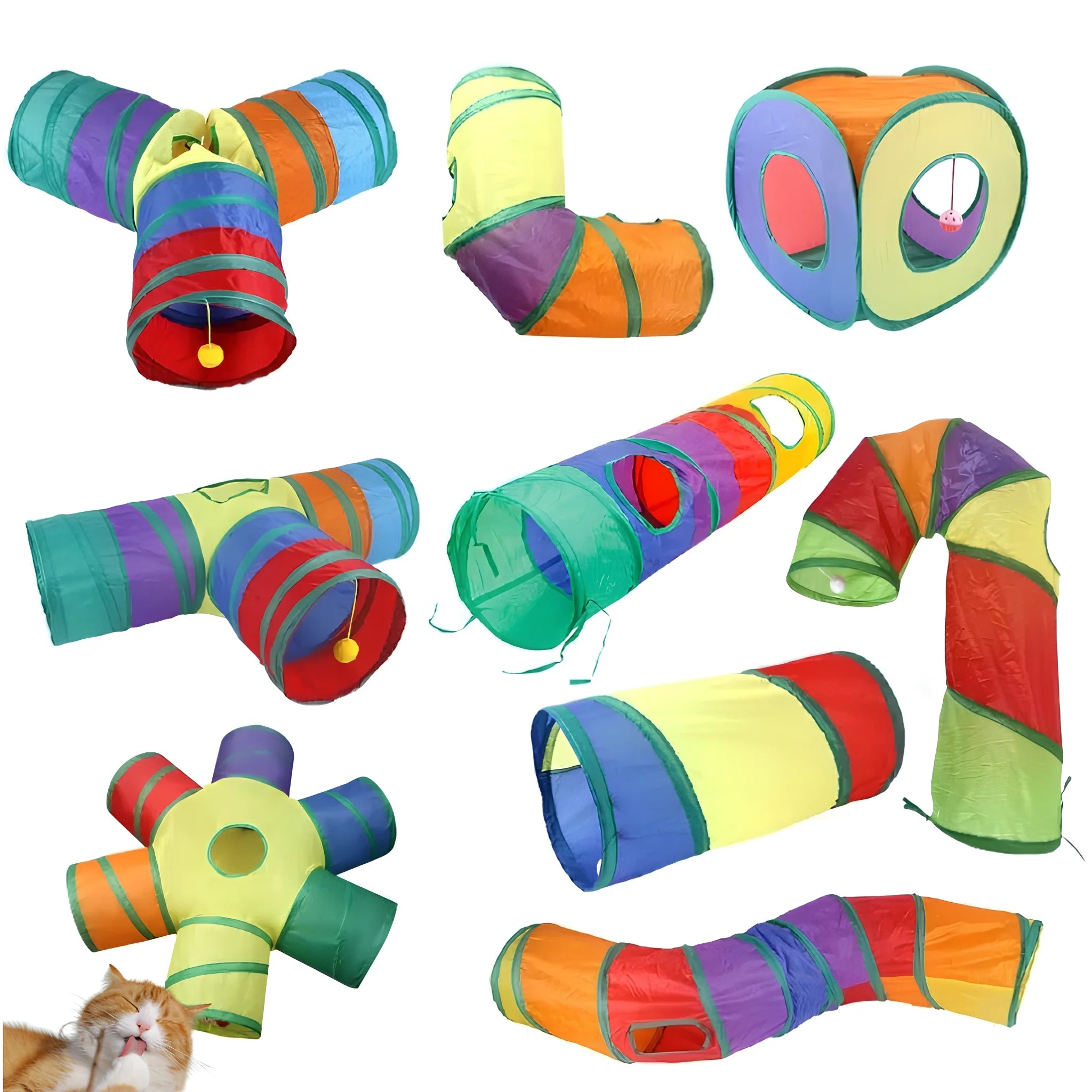 Túnel interativo para gatos com vários compartimentos e brinquedos pendurados