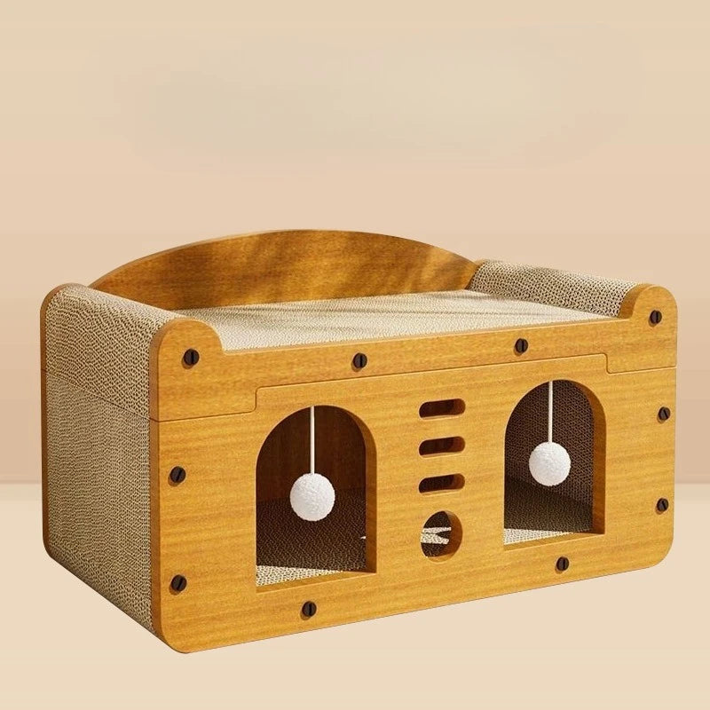 Cama arranhadora grande de luxo para gatos com brinquedos pendurados e almofada confortável