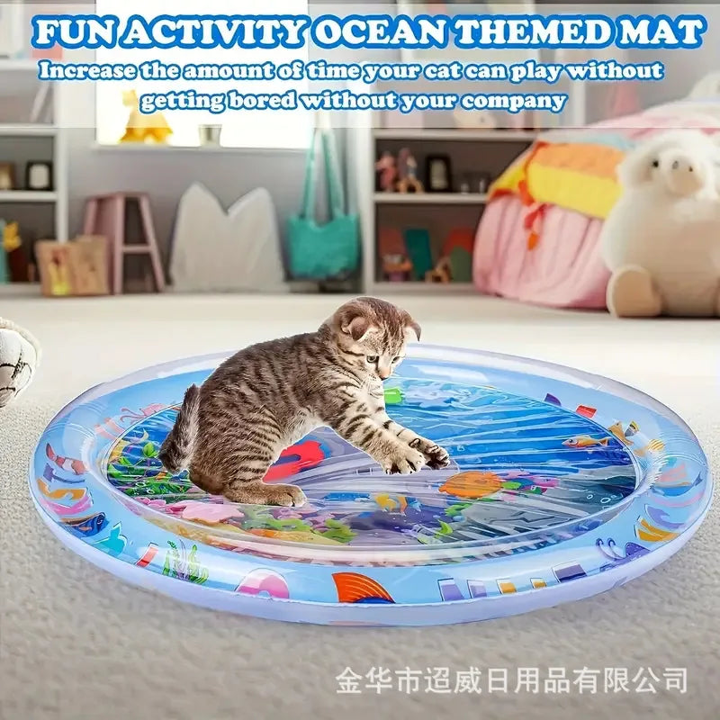 Tapete interativo para gatos com sensação de água - Almofada de PVC à prova de respingos com design de peixes flutuantes