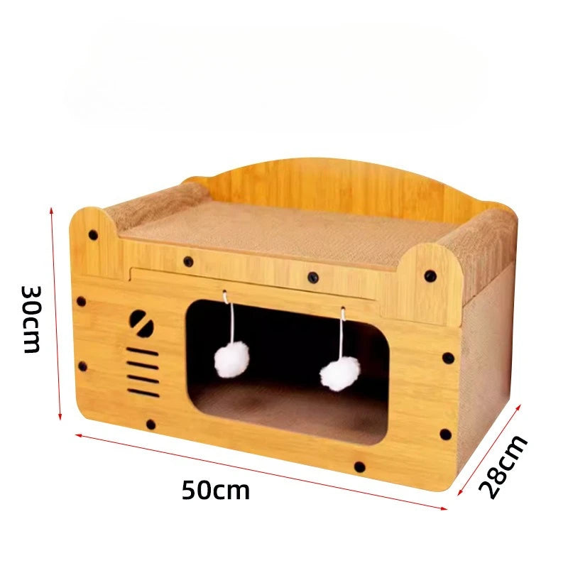 Cama arranhadora grande de luxo para gatos com brinquedos pendurados e almofada confortável