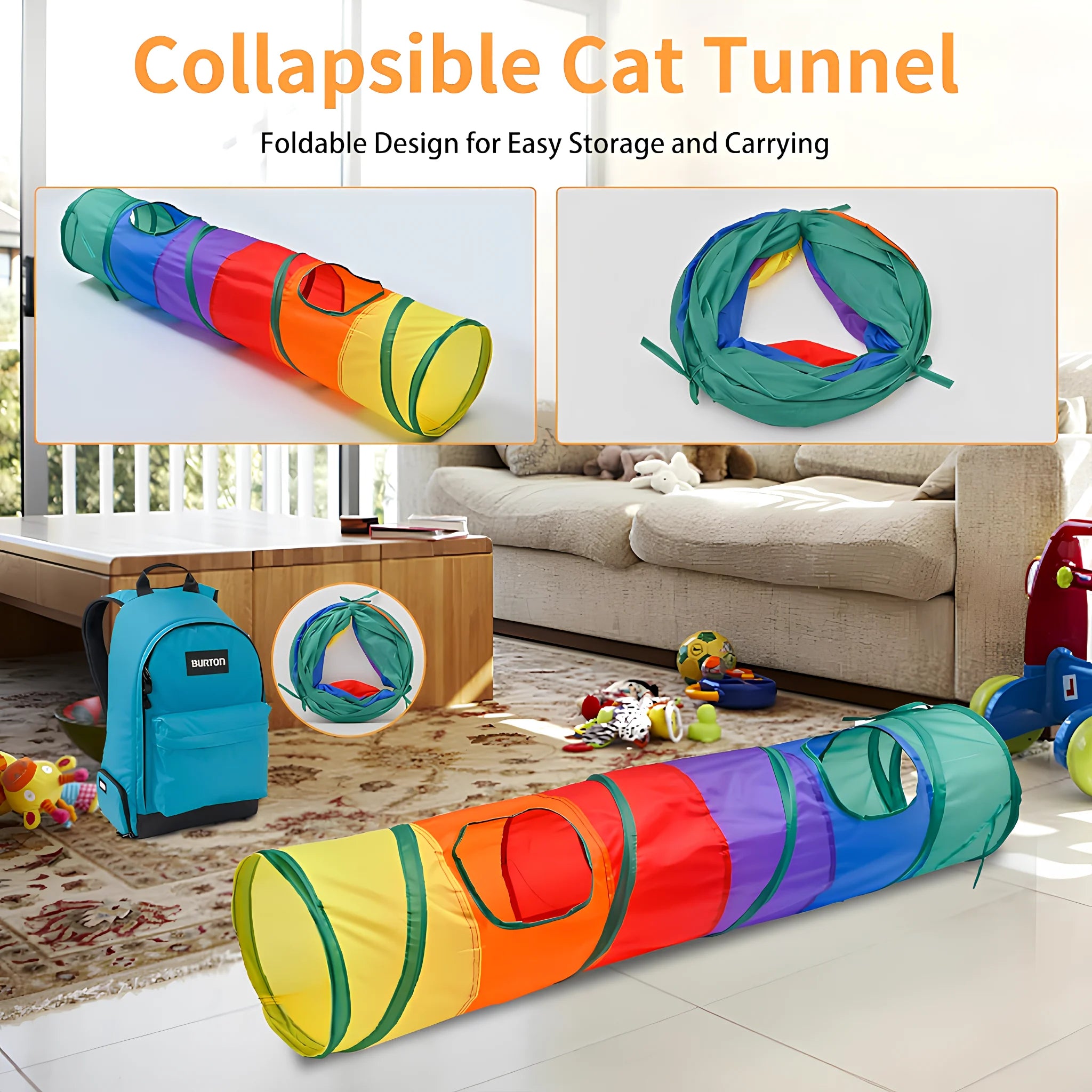 Túnel interativo para gatos com vários compartimentos e brinquedos pendurados