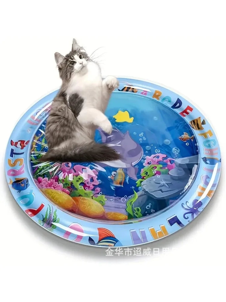 Tapete interativo para gatos com sensação de água - Almofada de PVC à prova de respingos com design de peixes flutuantes