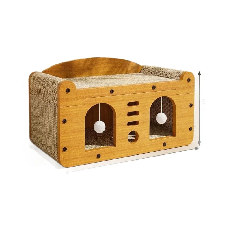 Cama arranhadora grande de luxo para gatos com brinquedos pendurados e almofada confortável