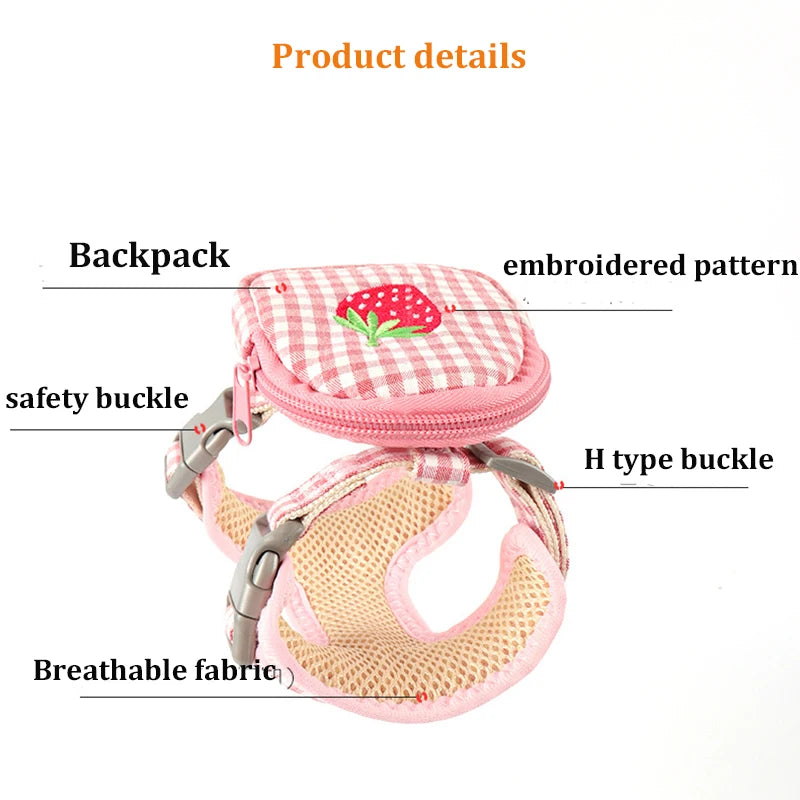 Conjunto adorável de coleira e guia xadrez com estampa de frutas para animais de estimação – Colete ajustável + Guia + Mini Bolsa