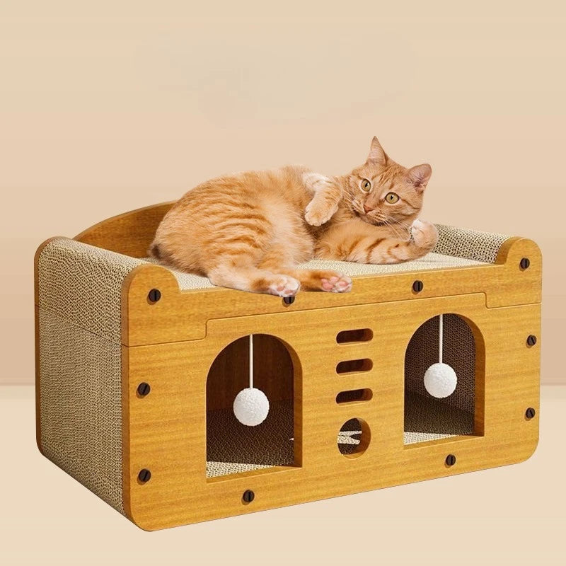 Cama arranhadora grande de luxo para gatos com brinquedos pendurados e almofada confortável
