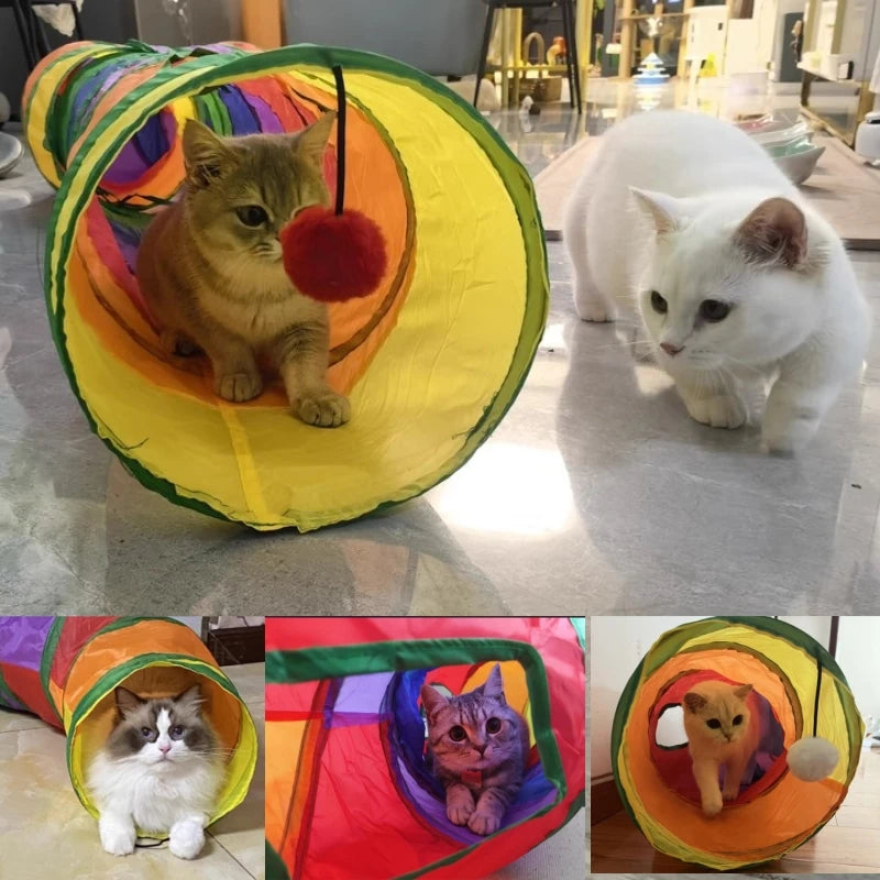 Túnel interativo para gatos com vários compartimentos e brinquedos pendurados