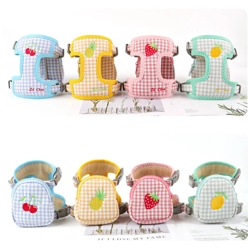 Conjunto adorável de coleira e guia xadrez com estampa de frutas para animais de estimação – Colete ajustável + Guia + Mini Bolsa
