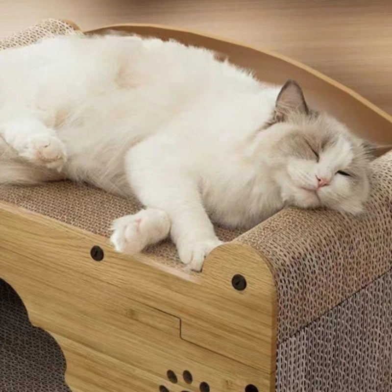 Cama arranhadora grande de luxo para gatos com brinquedos pendurados e almofada confortável